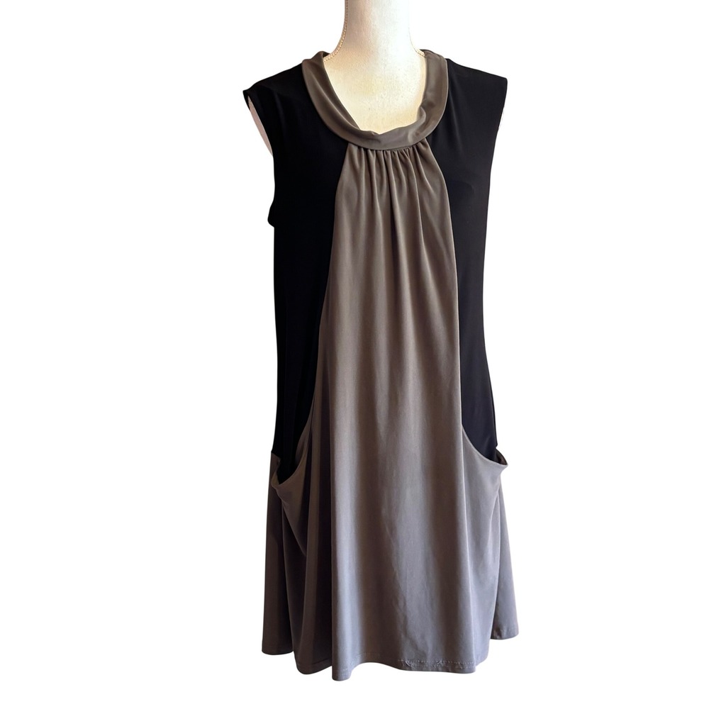 Joseph Ribkoff Black Moonstone Colorblock Draped Pocket Dress Tie Back Size 14